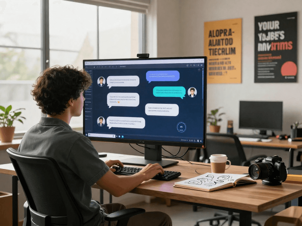 Engaging interaction with juicy chat ai in a modern workspace, showcasing technology and creativity.