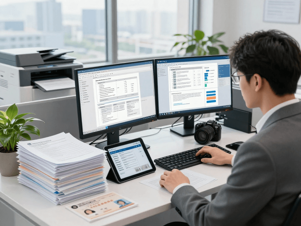 Document fraud detection in action with professional analyzing verified documents and fraud metrics in a modern office.