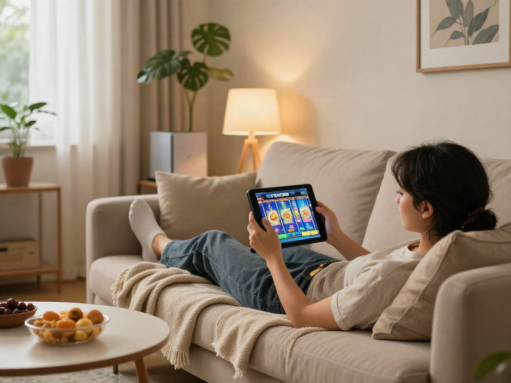 Engaged player enjoying rokok88 slot on tablet in a cozy living room.