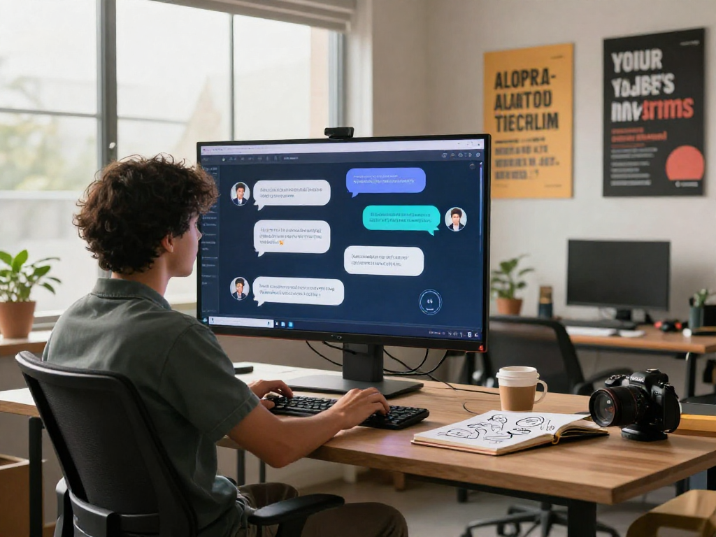 Engaging interaction with juicy chat ai in a modern workspace, showcasing technology and creativity.