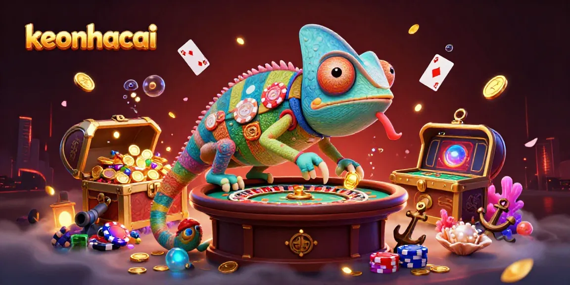 Engage with keonhacai's vibrant casino world, featuring a chameleon owner amidst gold coins and lively gaming elements.