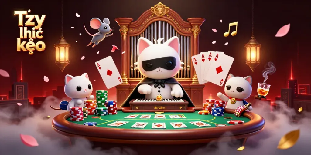 Experience Tỷ lệ kèo with a dynamic casino scene featuring a phantom cat, poker elements, and rich details.