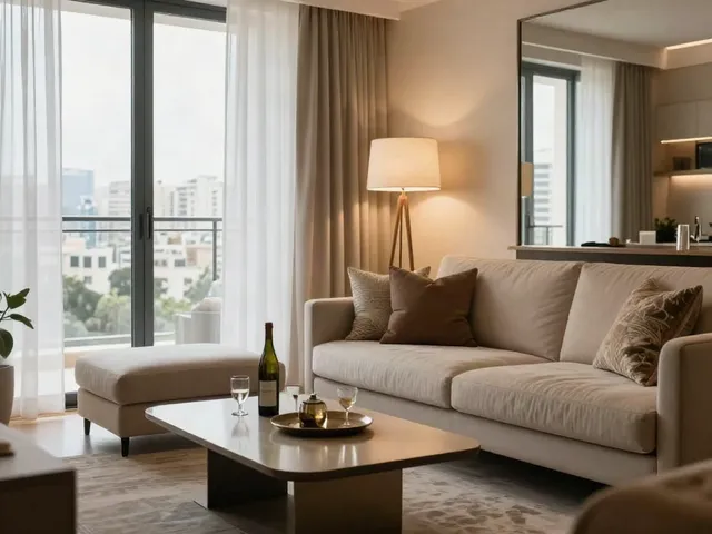 Elegant living room in a discreet apartment in Haifa featuring cozy decor and a serene view.