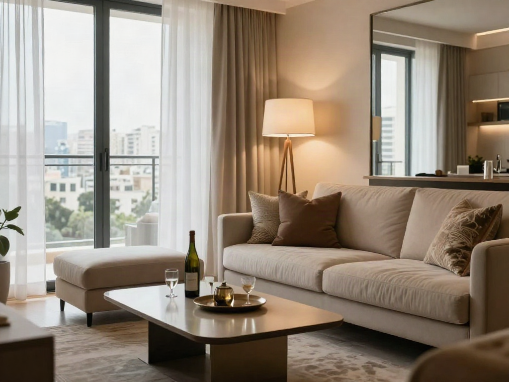 Elegant living room in a discreet apartment in Haifa featuring cozy decor and a serene view.