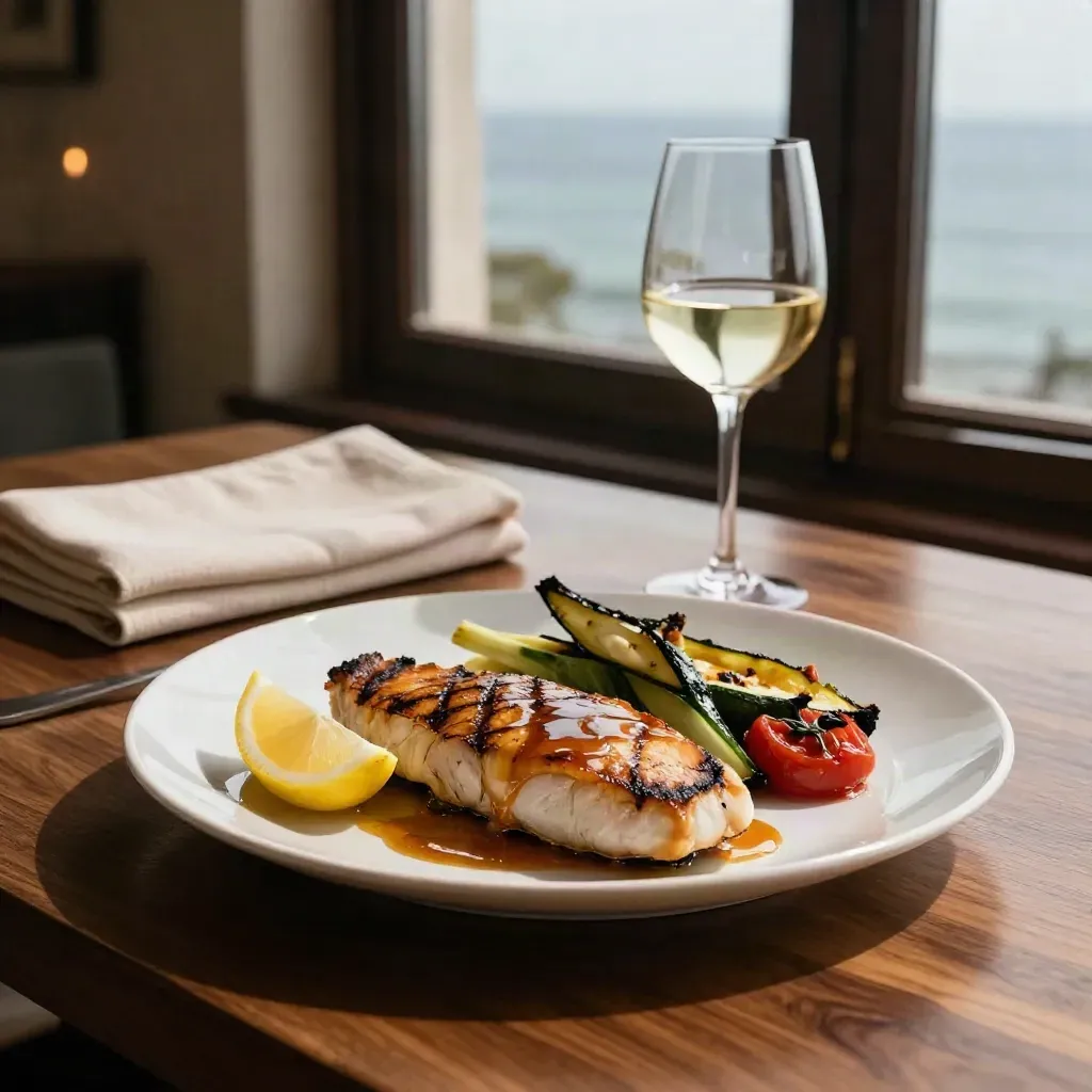 Piatto di pesce grigliato con verdure arrostite e vino bianco vicino alla finestra sul mare.