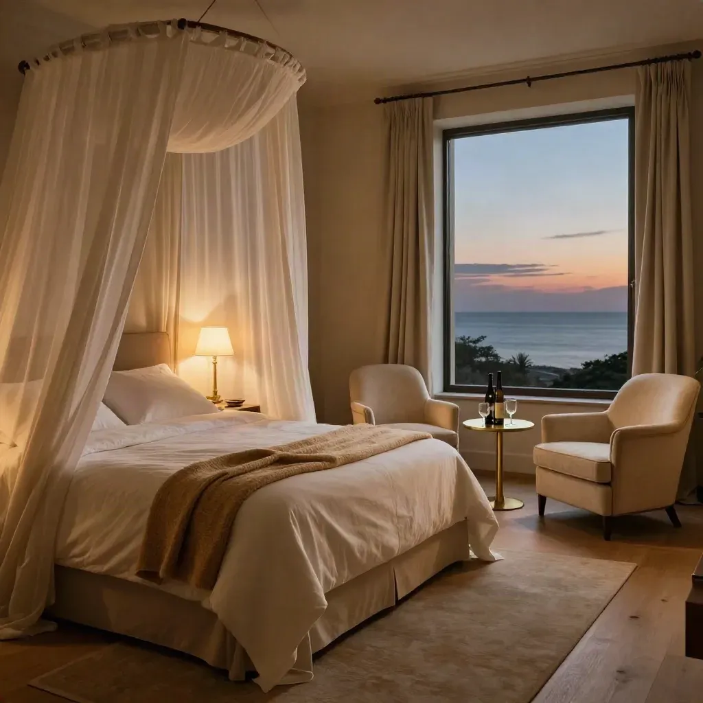 Suite romantica con letto grande, poltrone e bottiglia in attesa, luce calda al tramonto.