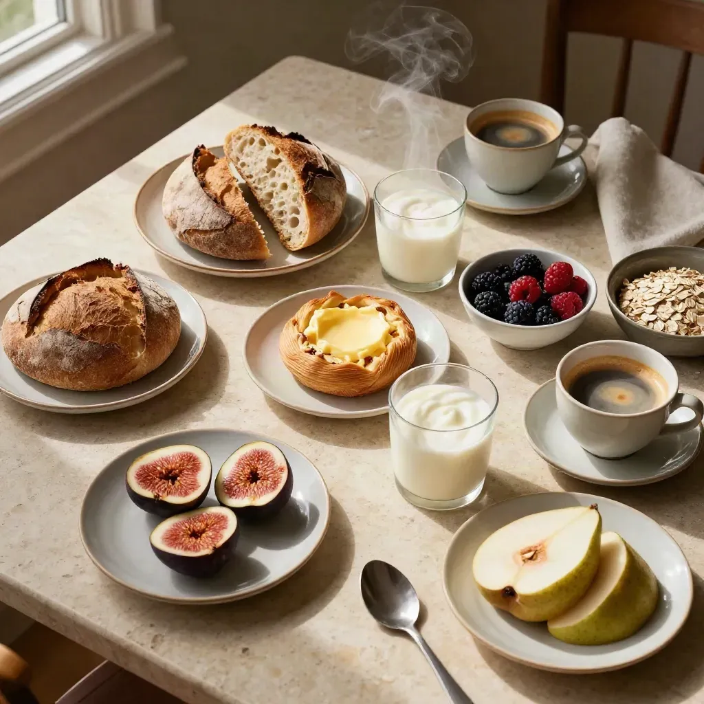 Colazione locale con pane caldo, dolci, frutta, yogurt e caffè su tavola in pietra.
