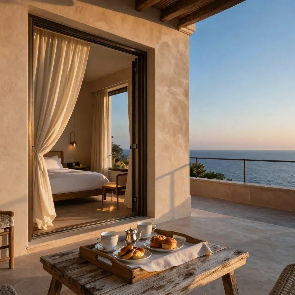 Suite sul mare al crepuscolo con vassoio colazione, tende crema e orizzonte adriatico.