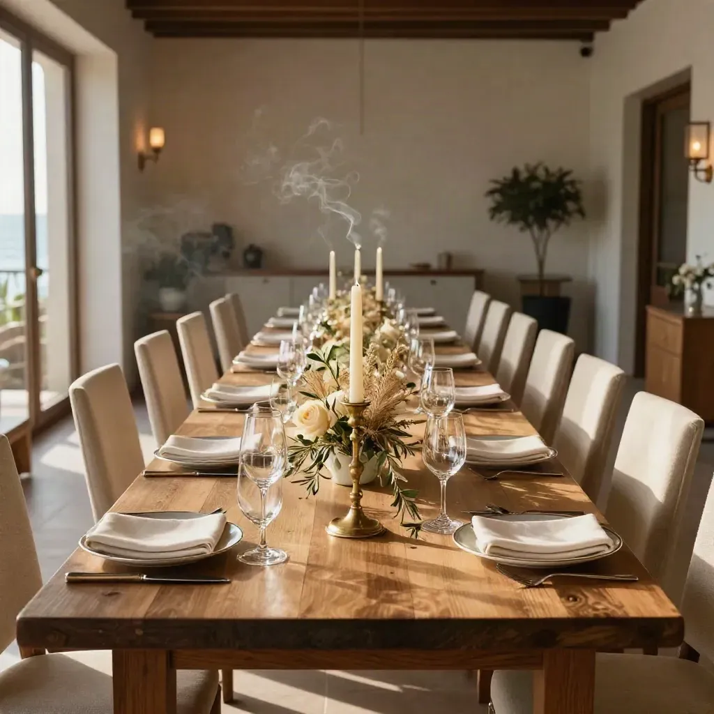Sala privata sul mare apparecchiata per una cena elegante, con candele e fiori bassi