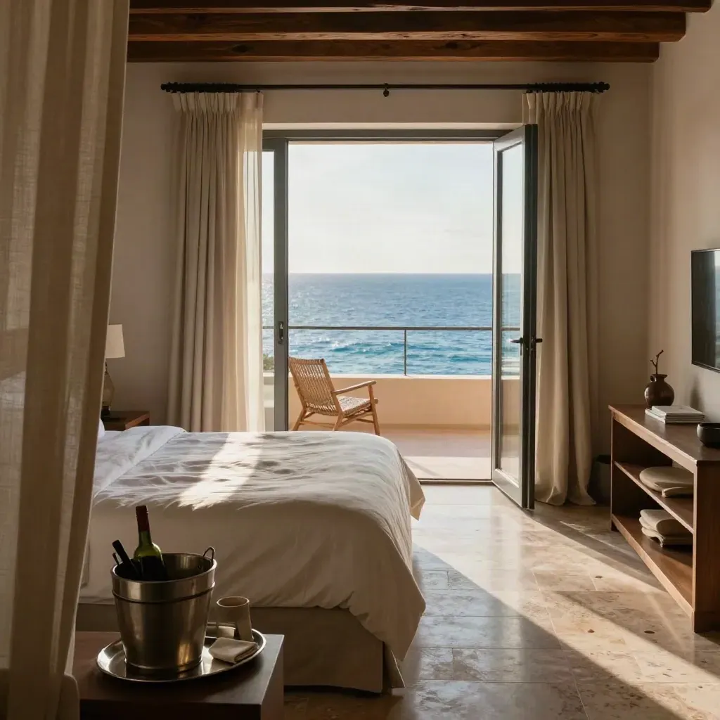 Suite vista mare con letto sfatto, vassoio colazione e terrazza aperta sul mare