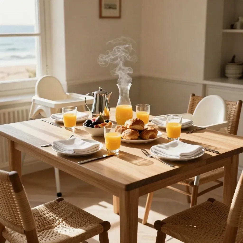 Colazione preparata per sei in un luminoso angolo di hotel sul mare