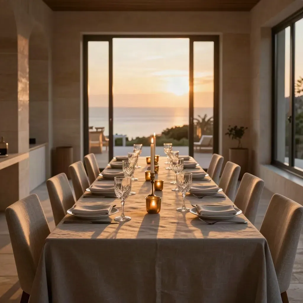 Sala privata allestita per una cena al tramonto, tavolo lungo, candele e riflessi dorati.