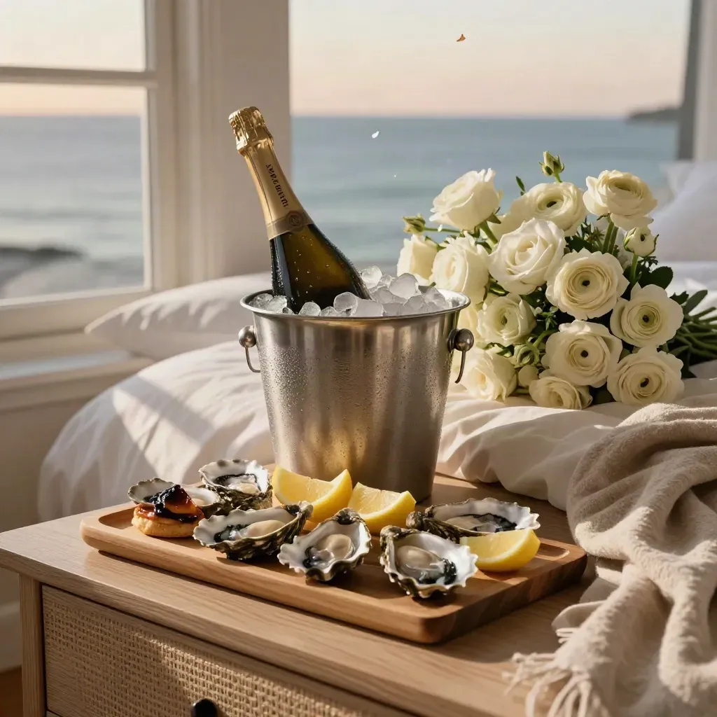 Suite romantica con champagne, fiori bianchi e cena di pesce vista mare al tramonto.