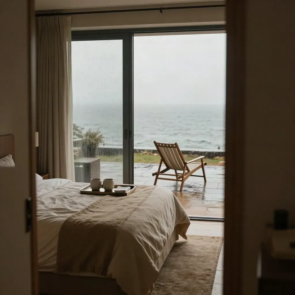 Suite sul mare con vetri bagnati dalla pioggia, terrazza vuota e vassoio di servizio.