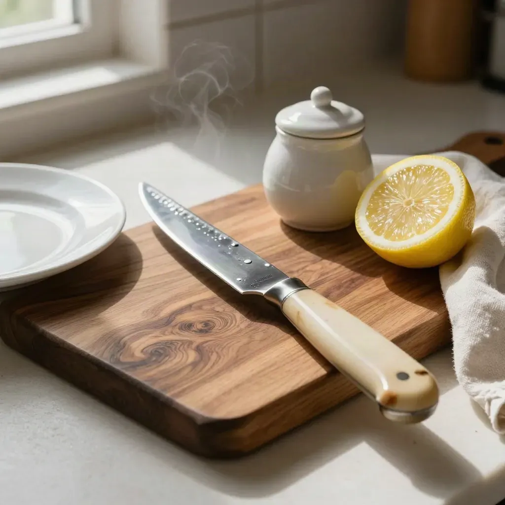 Coltello da ostriche, scaler, sale marino, limone e piatto ceramico sul banco della cucina.
