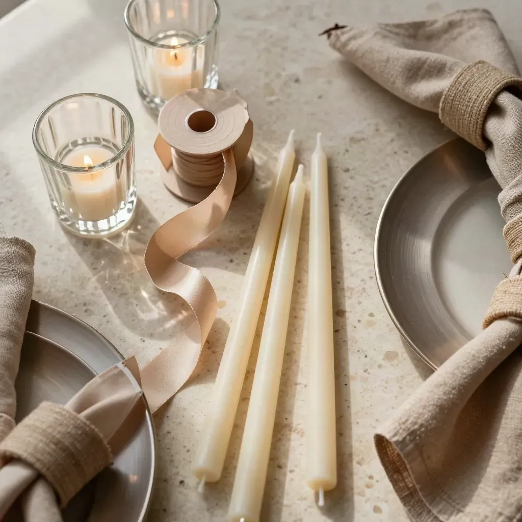 Kit per evento privato con candele, portacandele, nastro, piatto charger e anelli in lino.