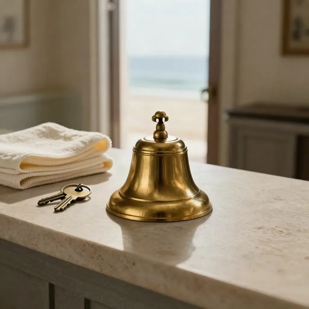 Campanello in ottone, portachiavi e asciugamano piegato su un bancone di pietra, con porta aperta sul mare.