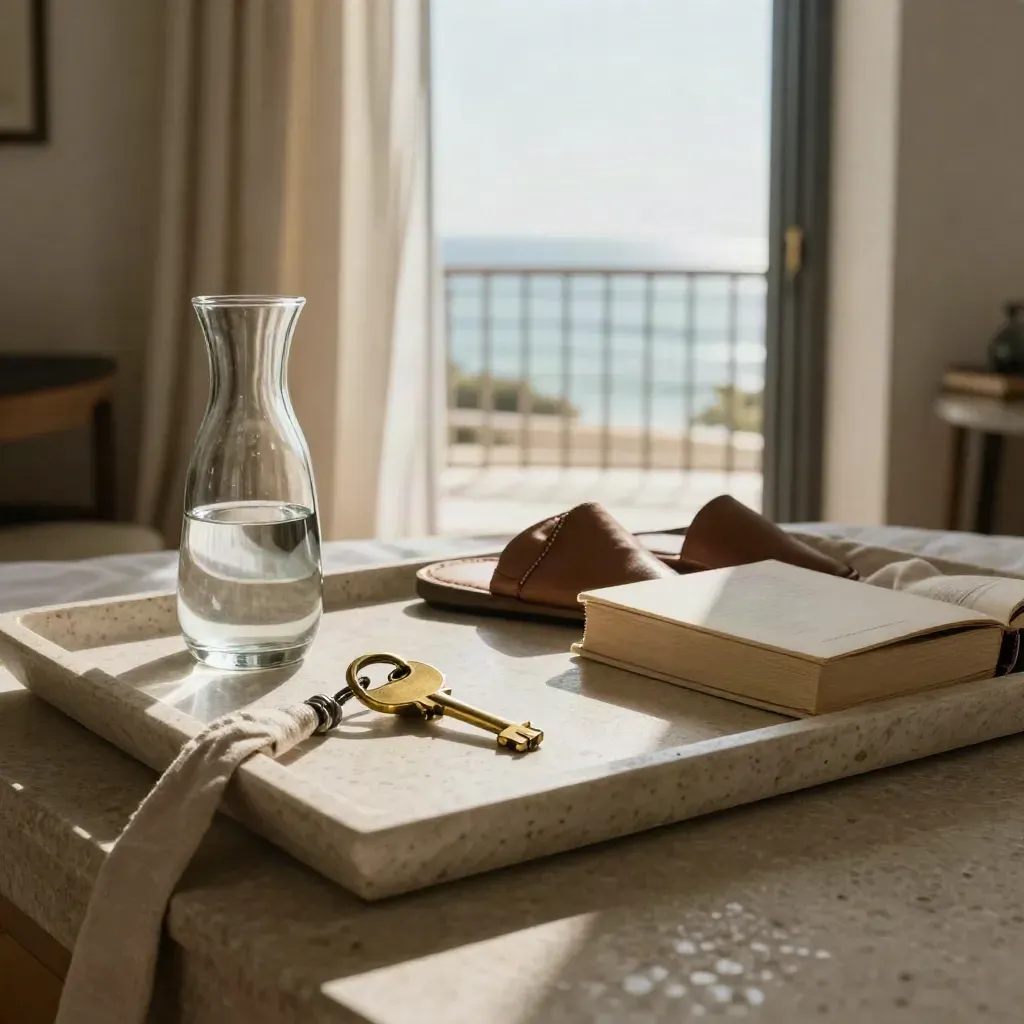 Vassoio da letto con chiave, caraffa, pantofole, libro chiuso e tende aperte sul mare.