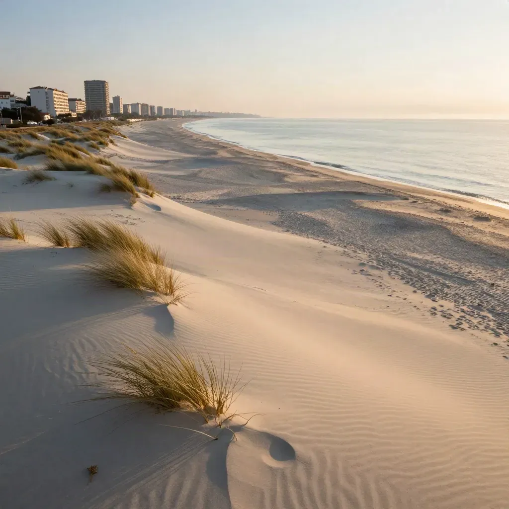 Spiaggia chiara della Riviera Romagnola all’alba, hotel lontani immersi nella foschia dorata.