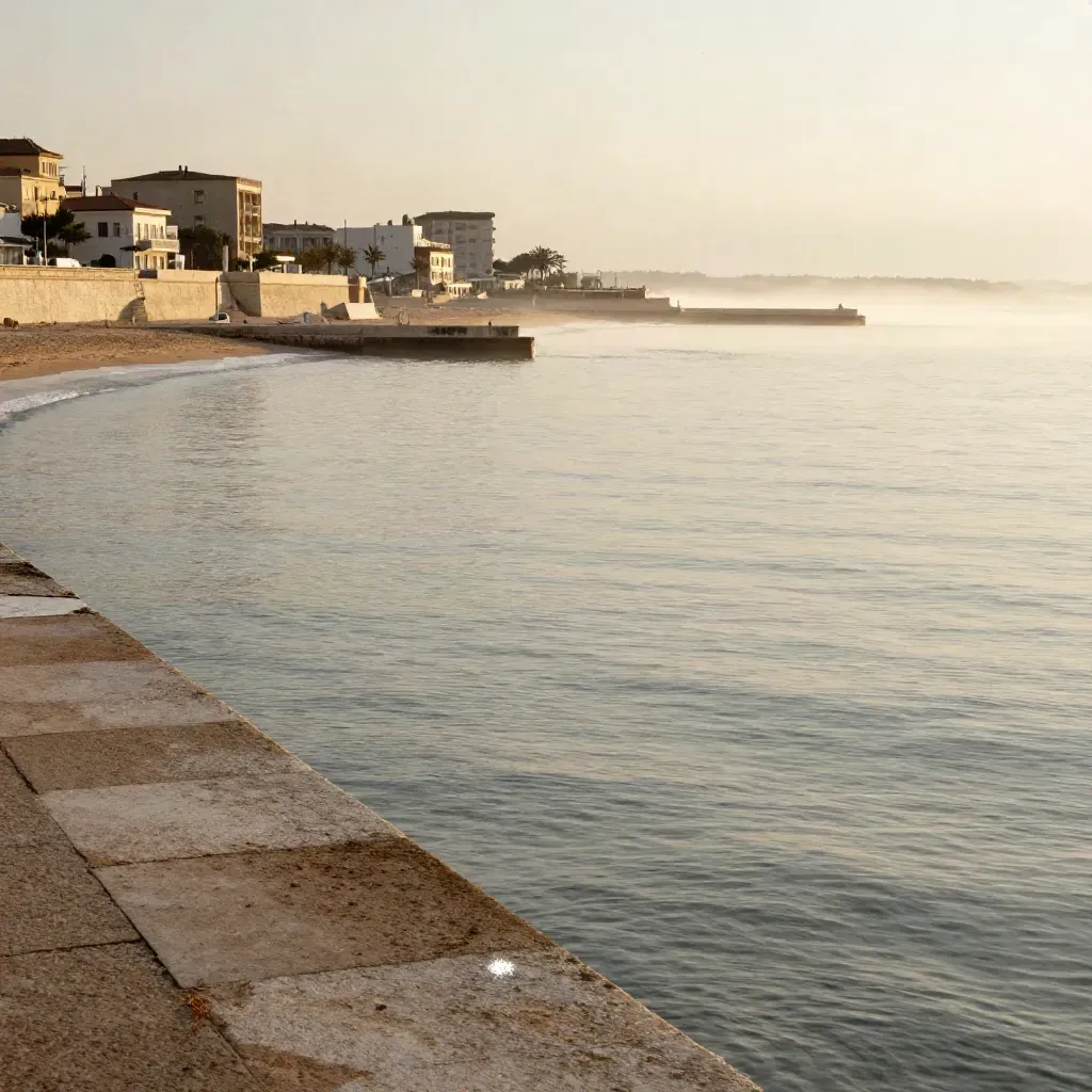Panorama della Costa di Rimini con molo, diga e marina avvolti nella foschia serale