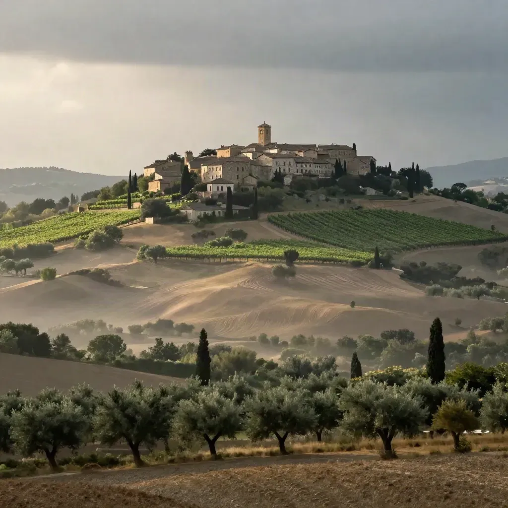 Collina romagnola con borgo in lontananza, vigneti e cipressi dopo un acquazzone estivo