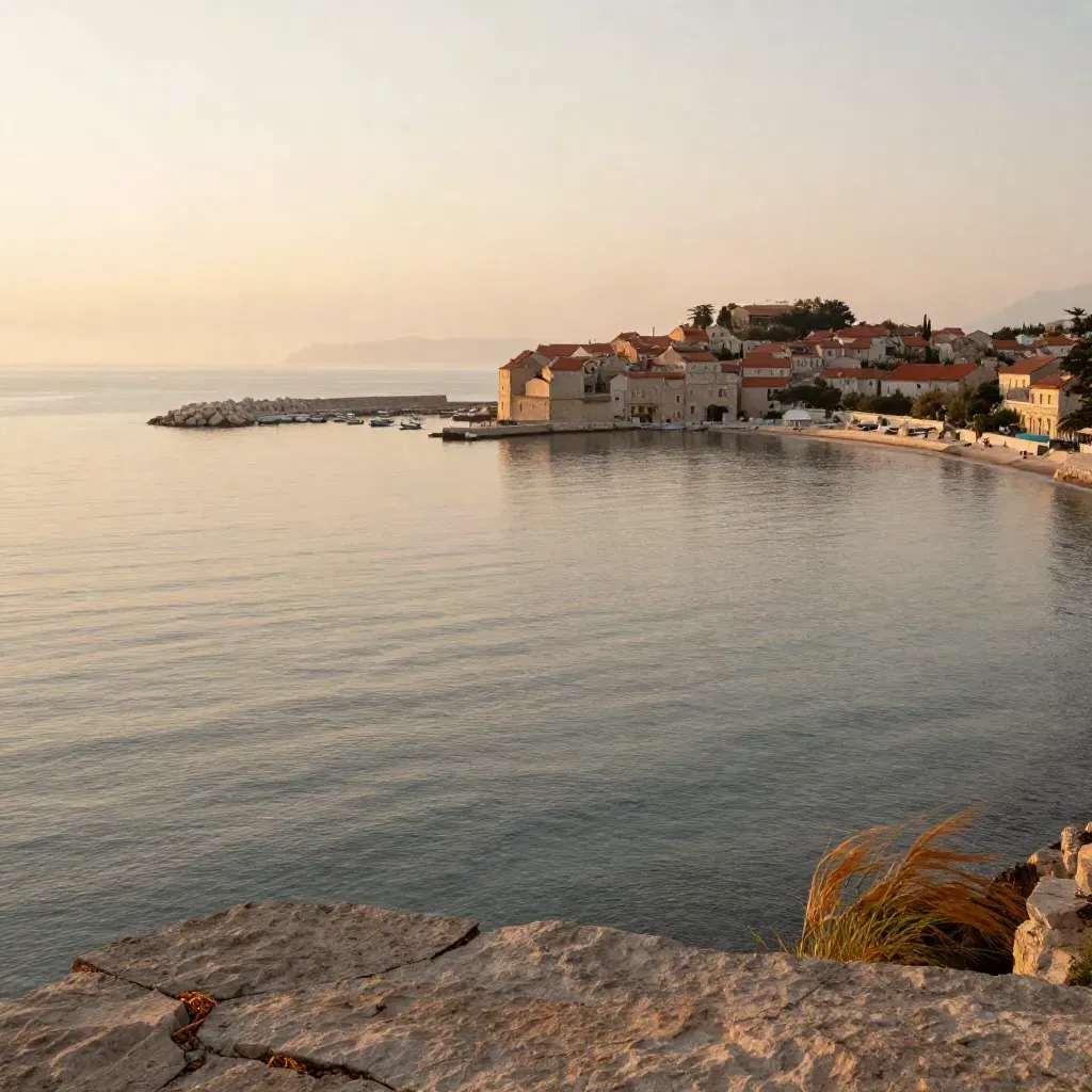 Costa adriatica all’alba con porto lontano, mare di vetro e foschia dorata.