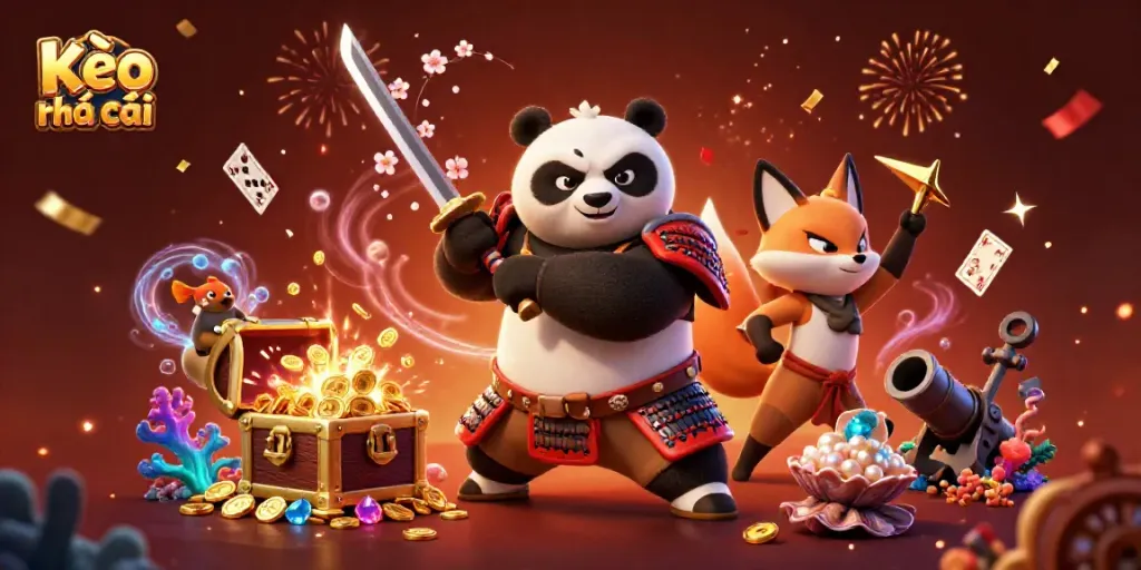 Experience Kèo nhà cái dynamics with samurai panda and ninja fox amidst a vibrant casino world.