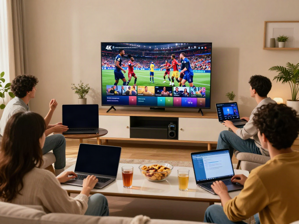 Enjoying abbonamento iptv with friends in a cozy living room, vibrant 4K content on TV.