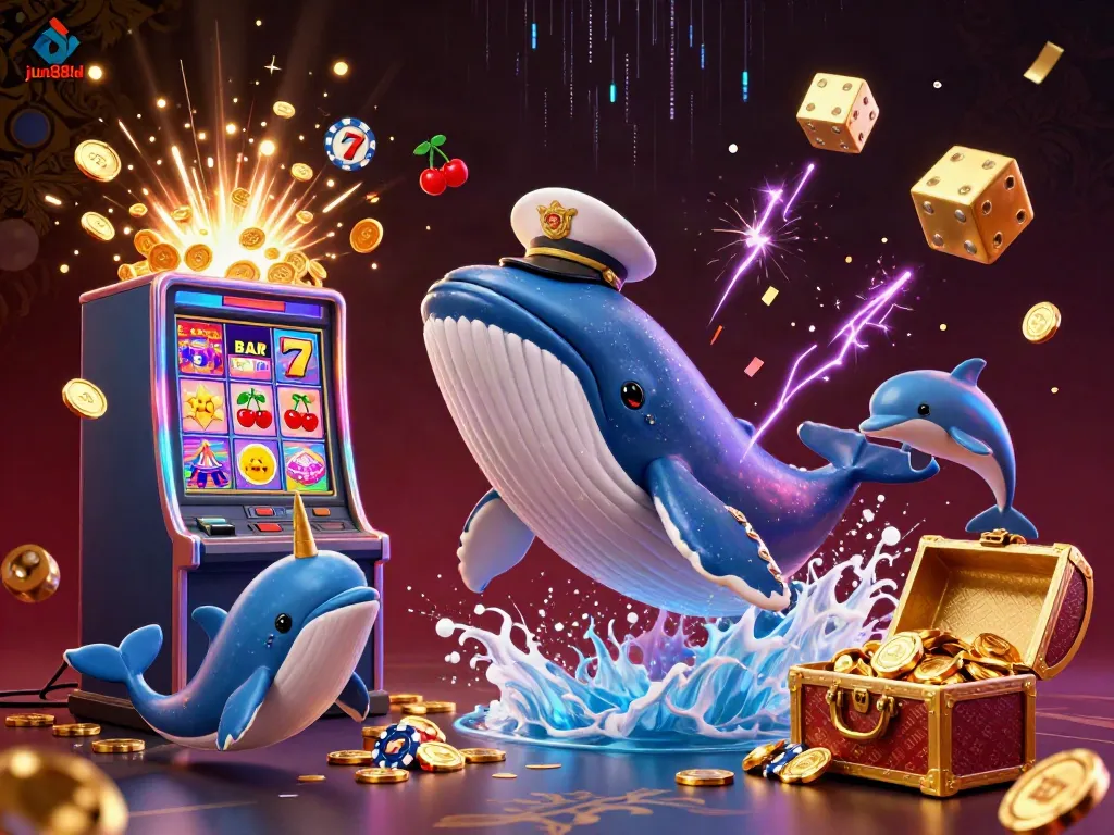 Experience the excitement of jun88ld with a vibrant 3D whale and casino characters in a dazzling scene.