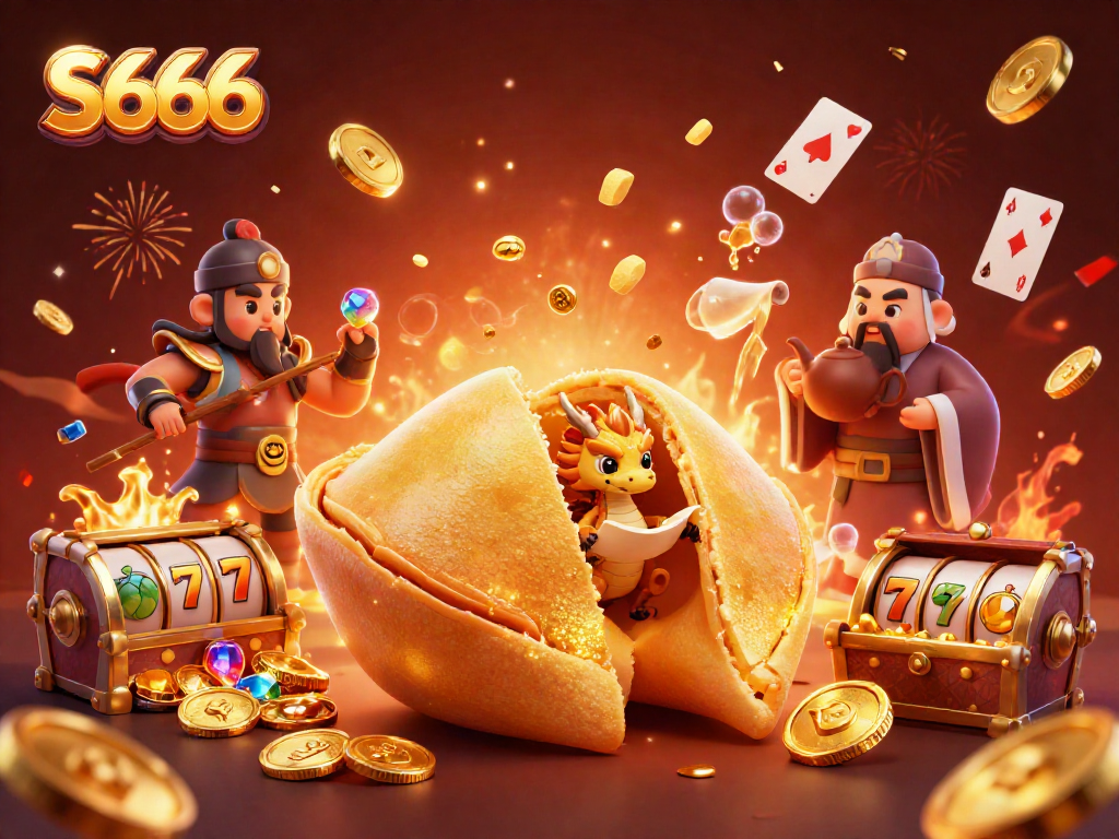 S666 players enjoy a vibrant casino scene with gold coins, slot reels, and dynamic characters.