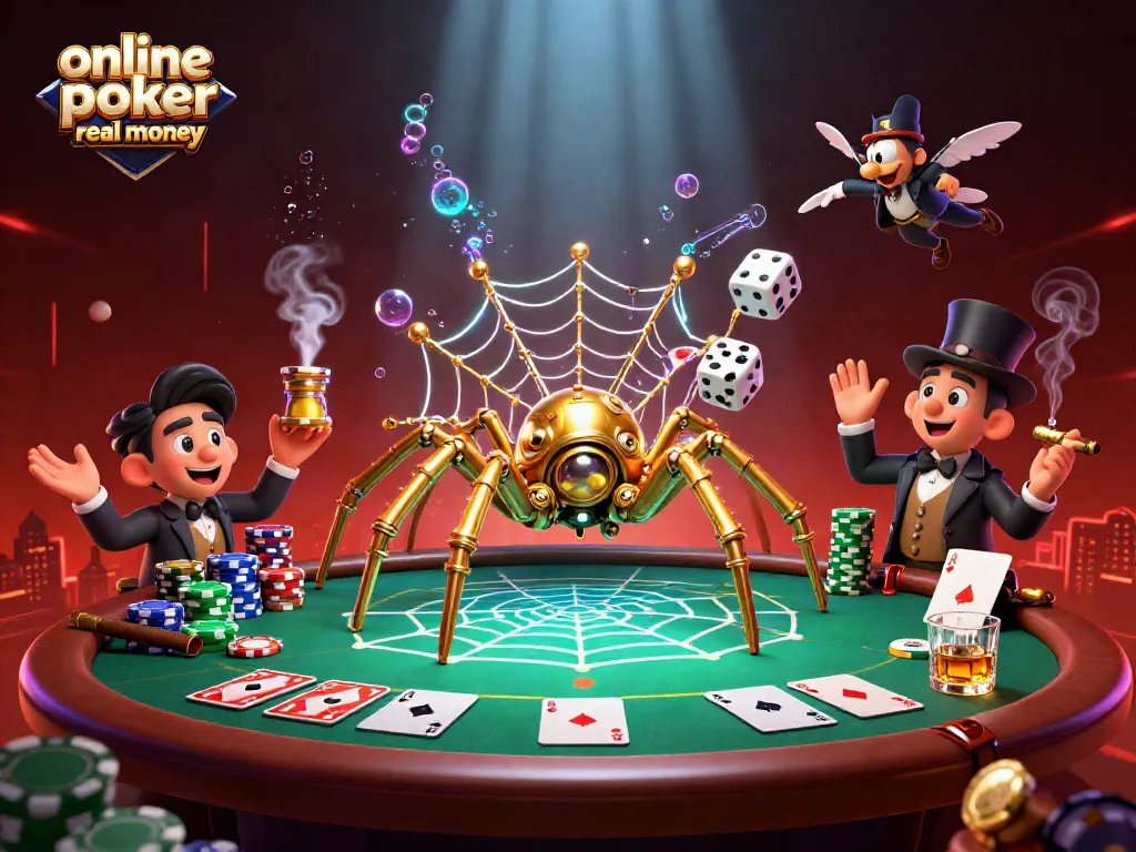 Engage in online poker real money with a thrilling 3D illustration of poker action and characters.