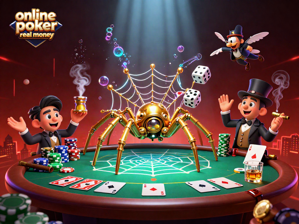 Engage in online poker real money with a thrilling 3D illustration of poker action and characters.