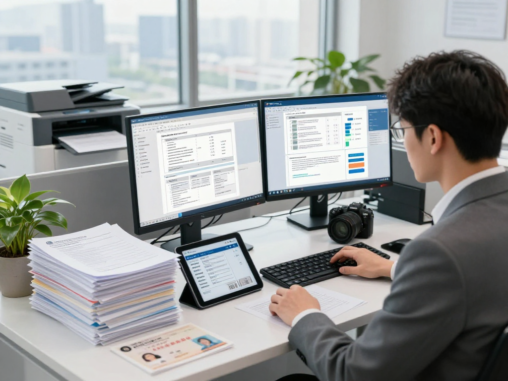 Document fraud detection in action with professional analyzing verified documents and fraud metrics in a modern office.